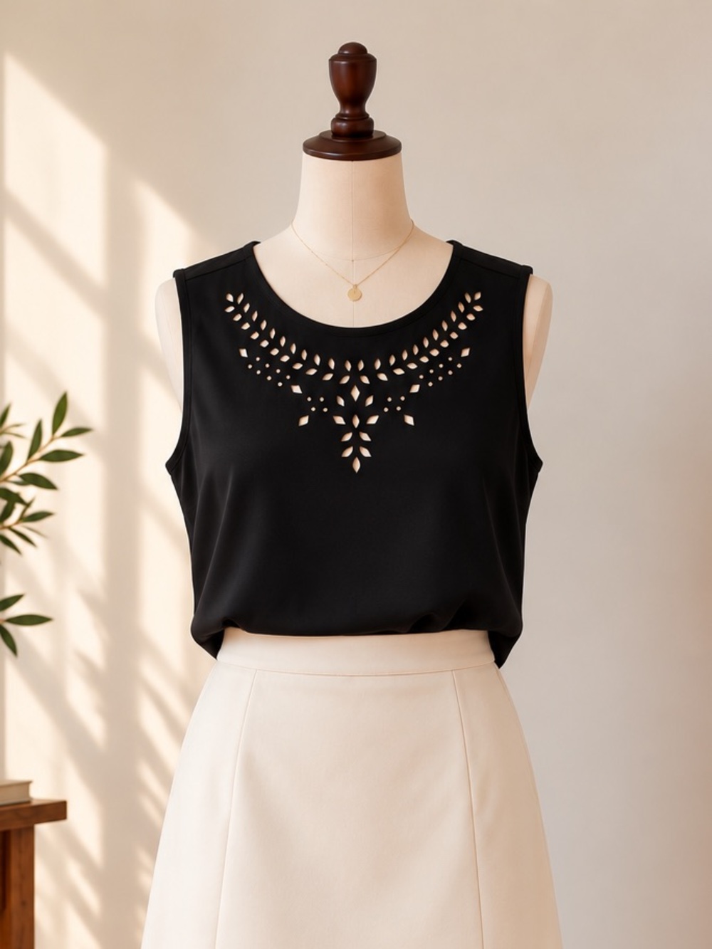 RW&CO Black Laser Cut Sleeveless Top Medium Corporate Chic Minimalist